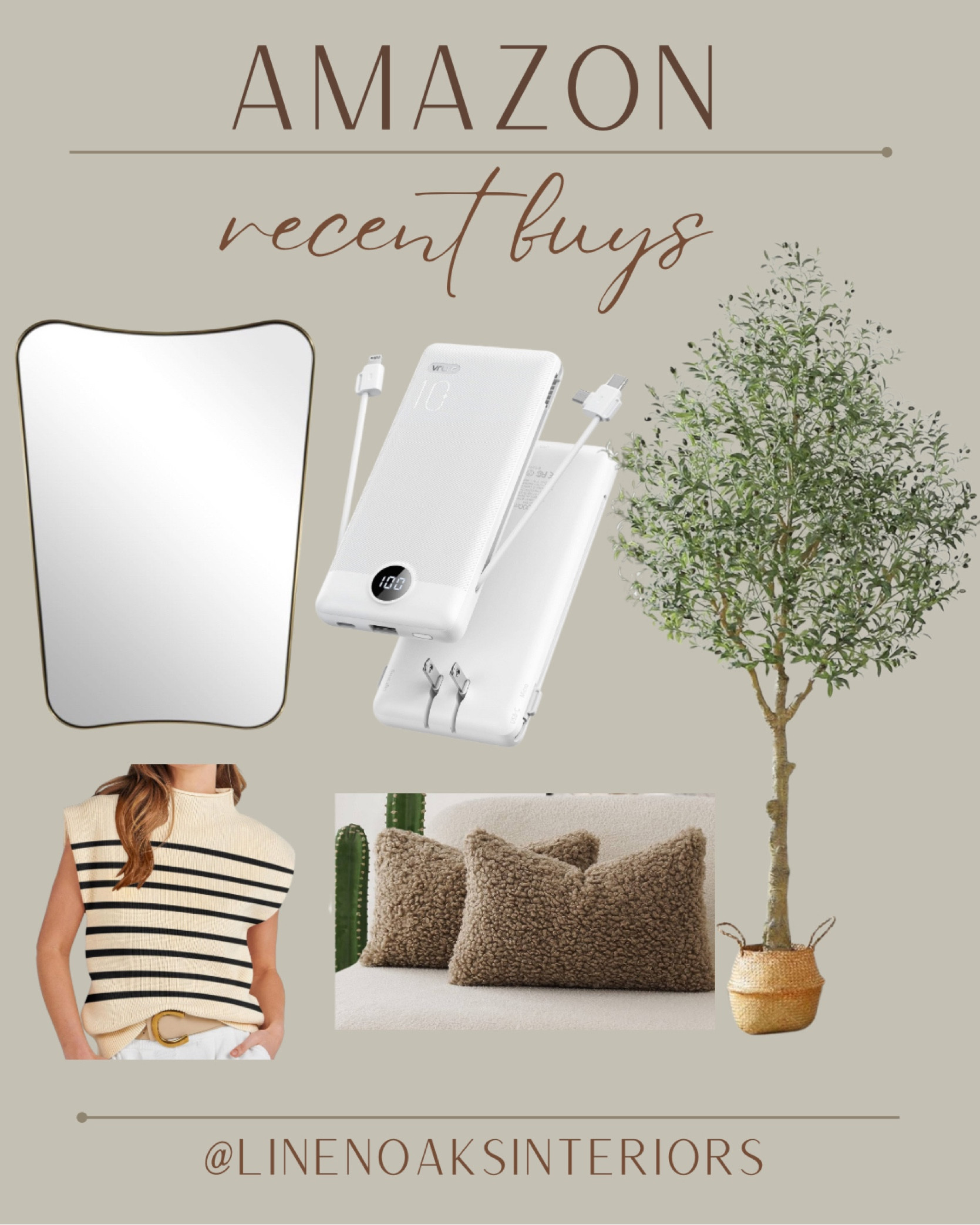 Recent buys on AMAZON! 😍 

Khaki pillows- 10 foot olive tree- mirror- wavy mirror- portable charger- spring tops- women’s top- blouse - throw pillows 

#LTKhome #LTKMostLoved #LTKstyletip