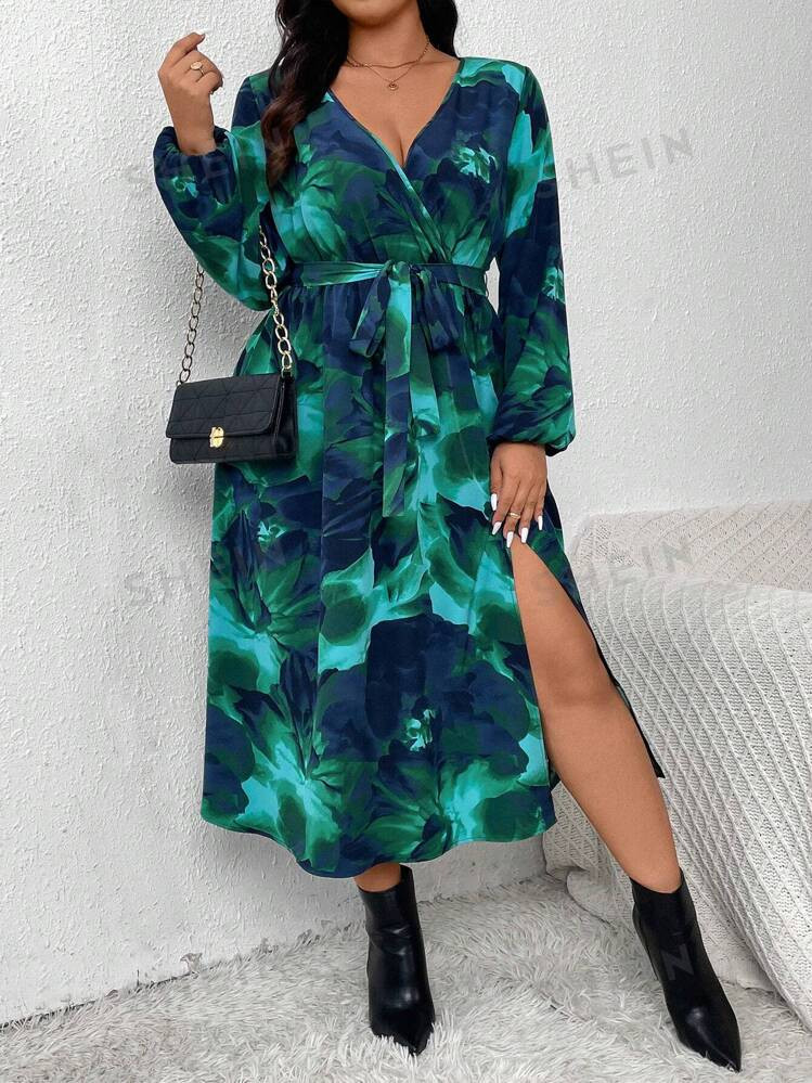 SHEIN Frenchy Plus Size Herfst Lange Mouw Jurk Met Hoge Split & Bloemenprint | SHEIN