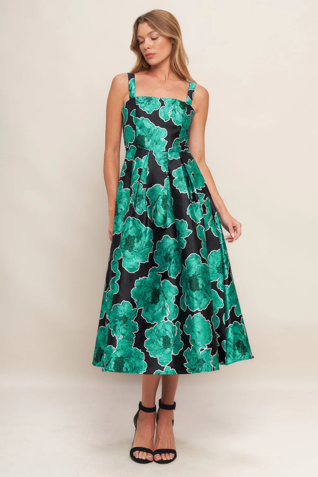 ROYAL BAROQUE GREEN FLORAL PRINT SATIN MIDI DRESS | Lady Black Tie