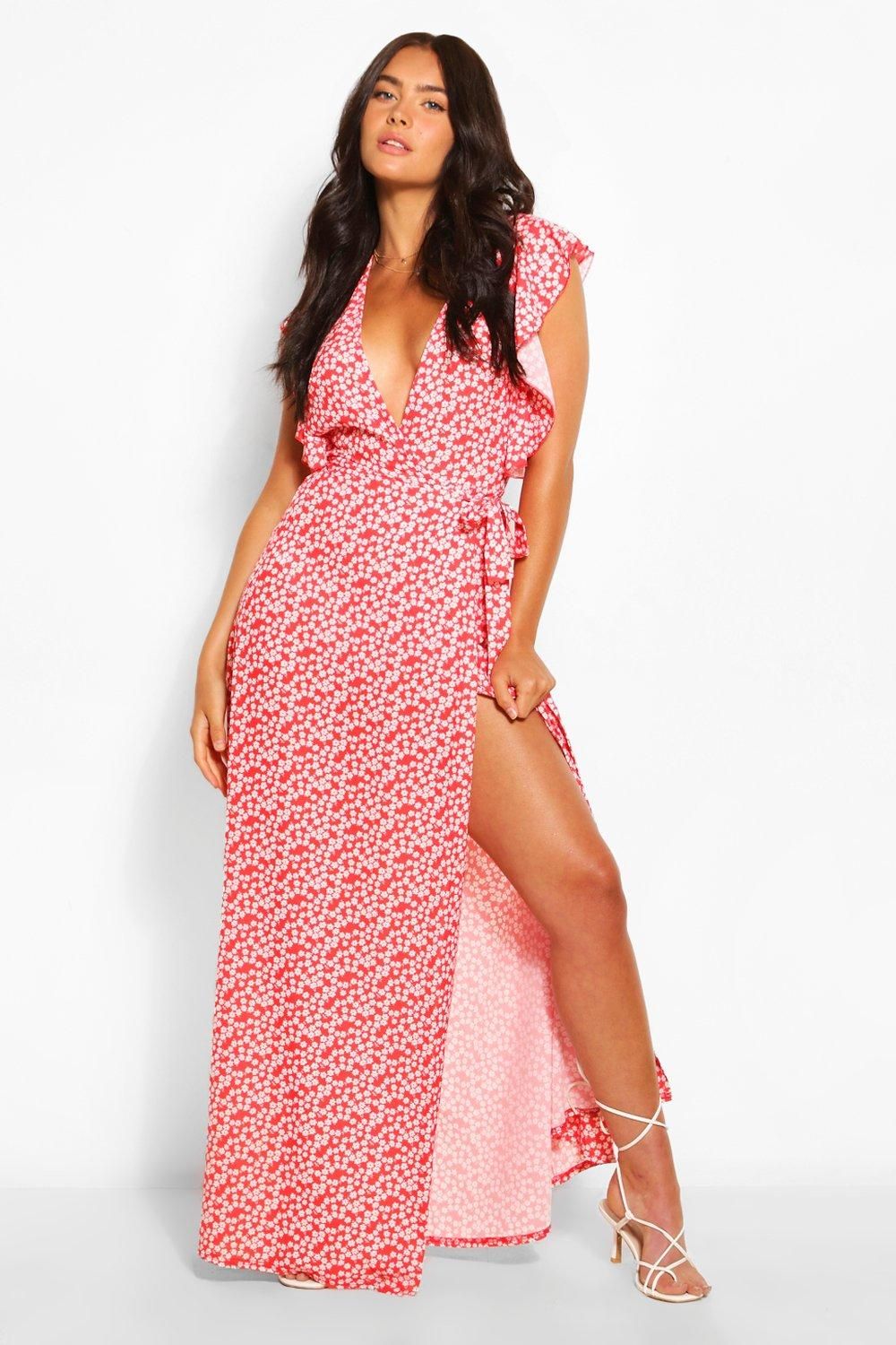 Womens Floral Print Woven Ruffle Sleeve Wrap Maxi Dress - Red - 8 | Boohoo.com (US & CA)