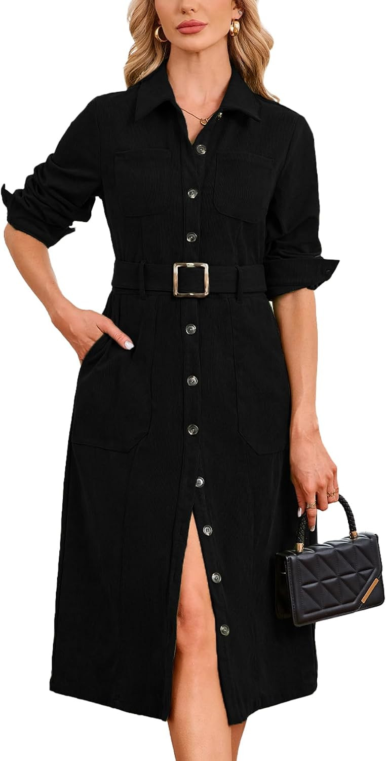 YEXPINE Women's Corduroy Midi Dress Belted Button Down Shirt Long Dresses | Amazon (US)