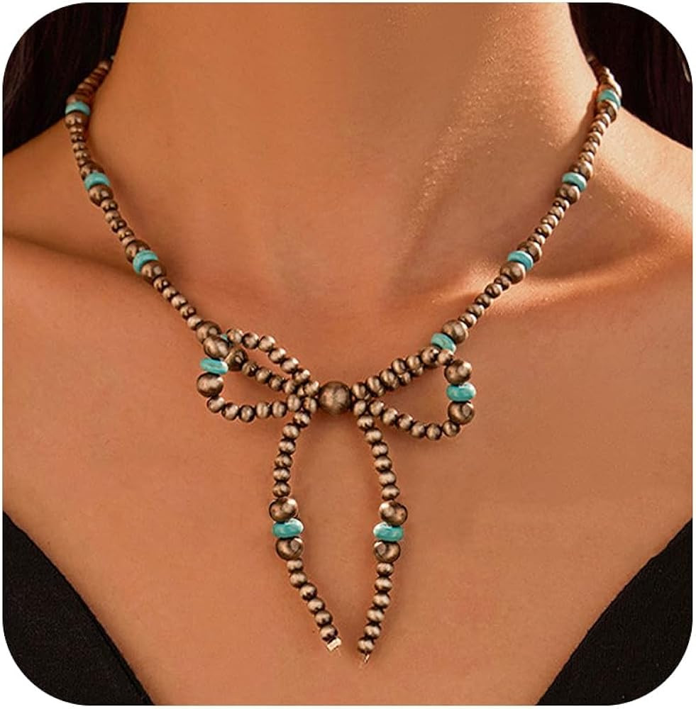 Western Necklaces for Women Navajo Pearl Bow Necklace Dainty Bow Choker Necklace Turquoise Neckla... | Amazon (US)