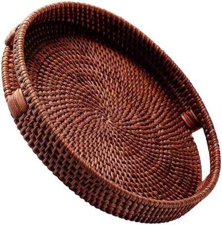 JUNGLE CULTURE Large Rattan Serving Tray 14" in Brown • Round Table Basket • Wicker Ottoman T... | Amazon (US)