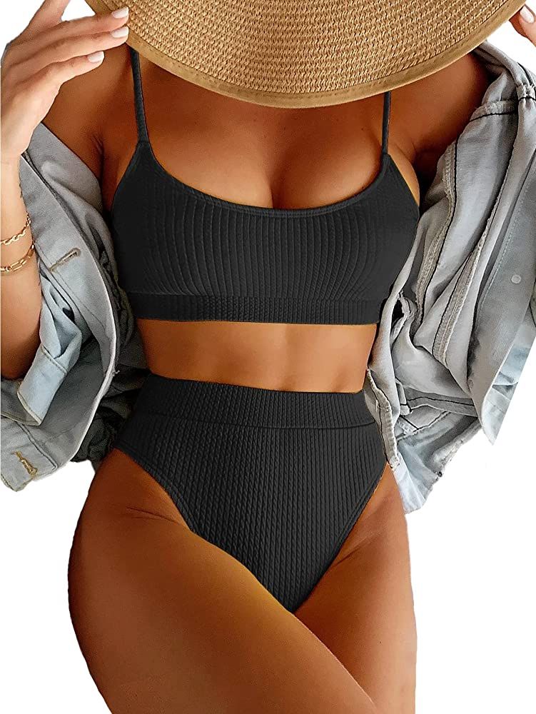 Lilosy High Waisted Tummy Control Ribbed Bikini Crop Top Brazilian Swimsuit Set 2 Piece | Amazon (US)