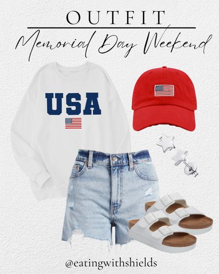 Memorial Day outfit ideas, outfits ideas, USA crewneck sweater, women’s Jean shorts, baseball hats, USA looks, American flag hat, white sandals, star earrings 


#LTKSeasonal #LTKSaleAlert #LTKFindsUnder100