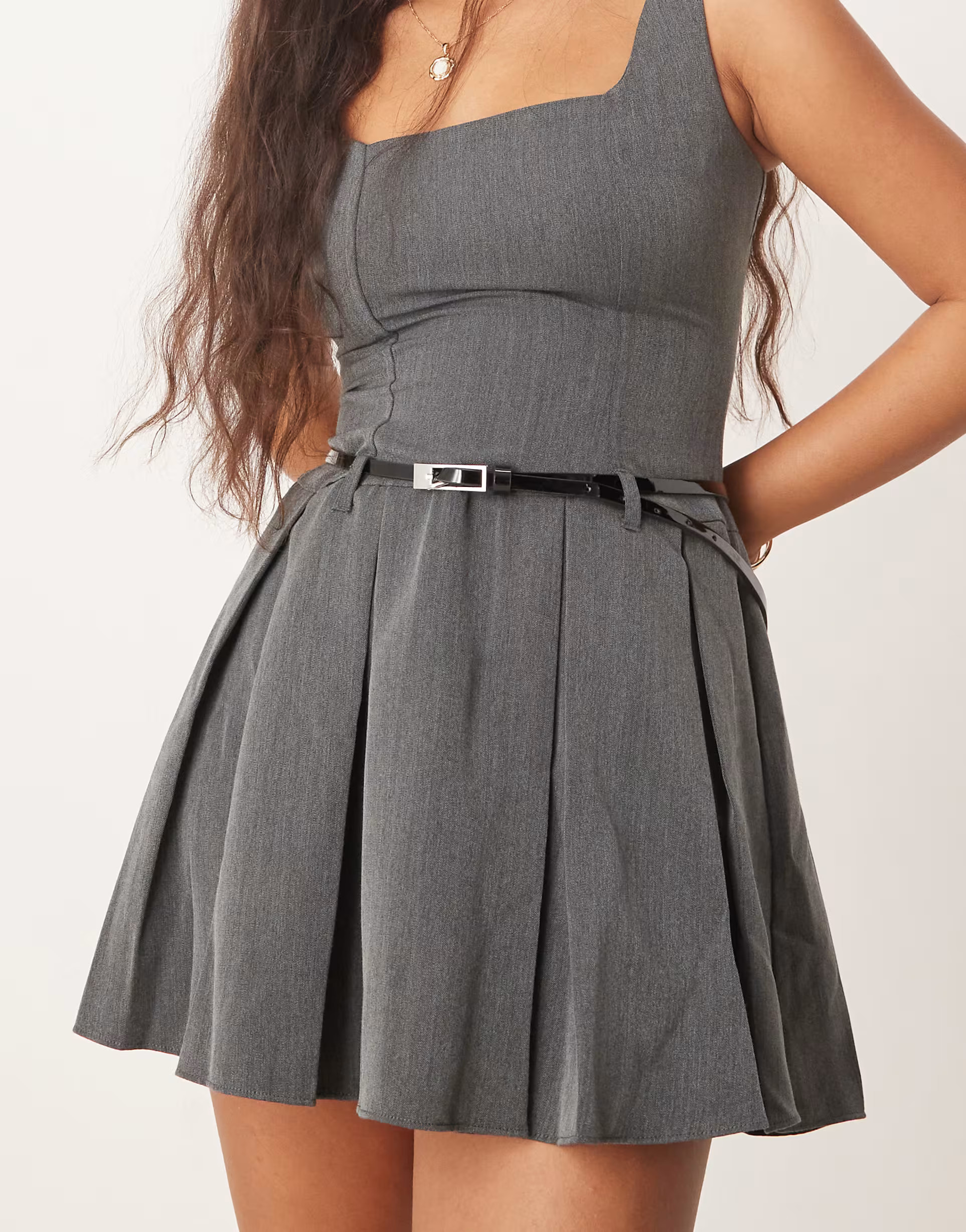 New Look pleated skirt belted mini dress in grey | ASOS (Global)