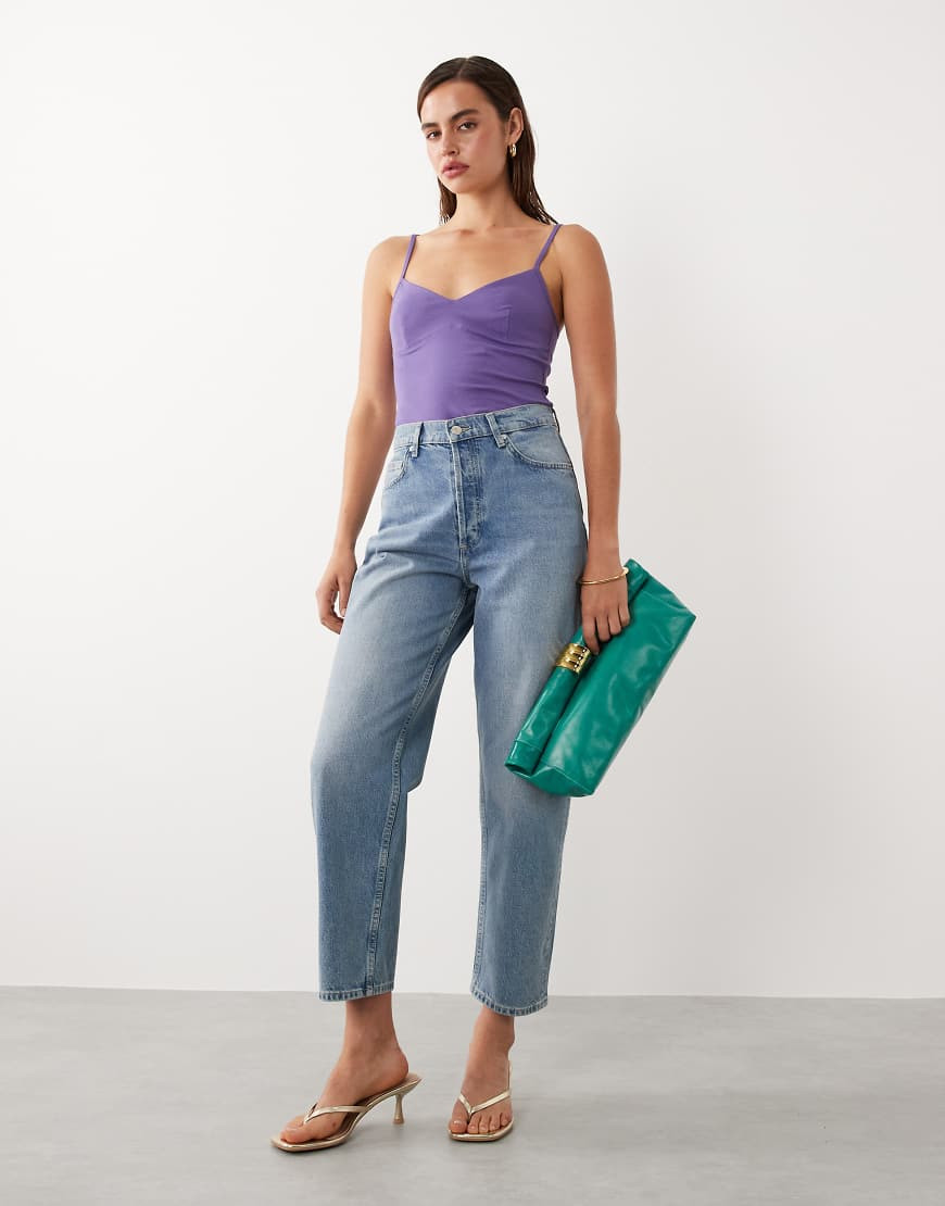 Mango starring Hailey Bieber 100% cotton barrel jeans in mid blue | ASOS (Global)