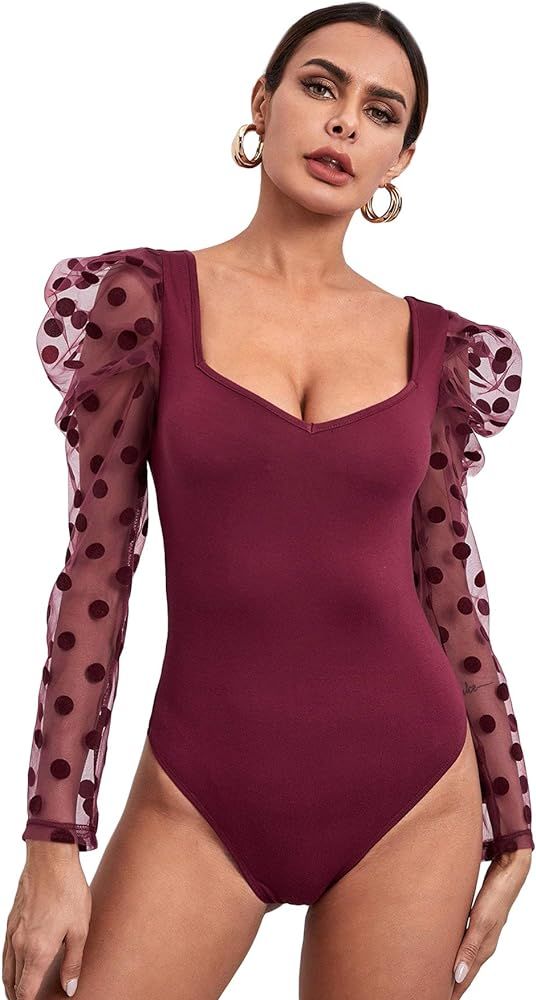 WDIRARA Women's Polka Dots Sheer Dobby Mesh Square Neck Long Sleeve Skinny Bodysuit | Amazon (US)