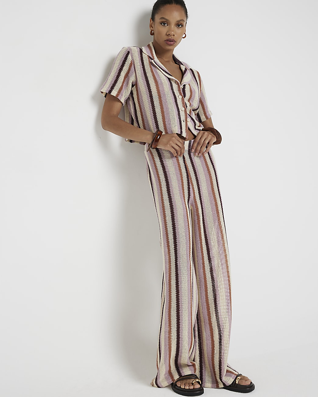 Pink crochet stripe wide leg trousers | River Island UK & IE