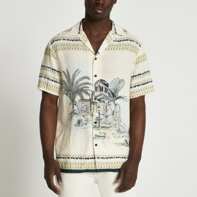Ecru landscape revere short sleeve shirt | River Island (UK & IE)