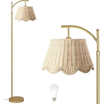 Arc Floor Lamp for Living Room，Rattan Boho Floor Lamp with Hand-Woven Wicker Shade, Foot Switch... | Amazon (US)