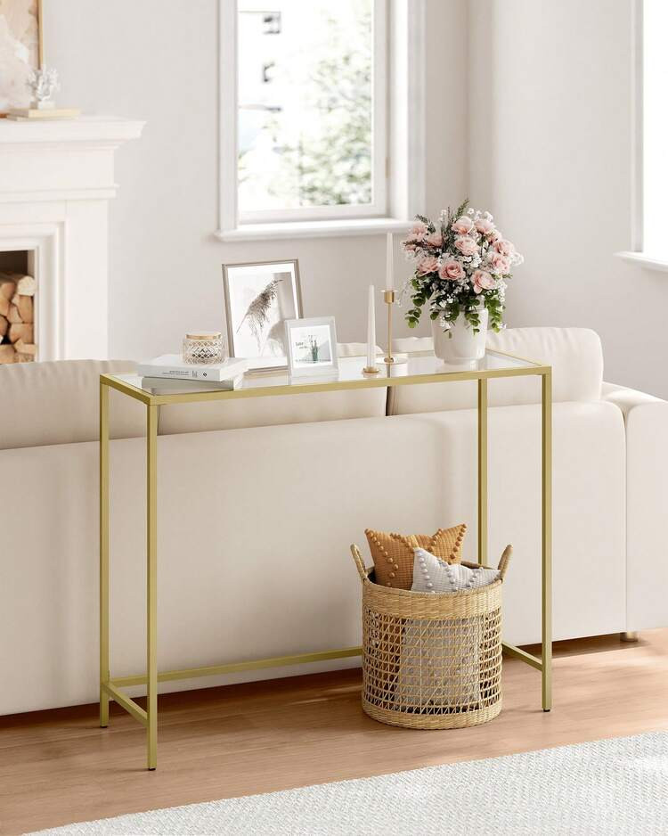 Console Table, Side Table, Tempered Glass Tabletop, Modern Sofa Table, Easy Assembly, With Adjustable Feet, For Living Room, Hallway, Gold And Transparent | SHEIN