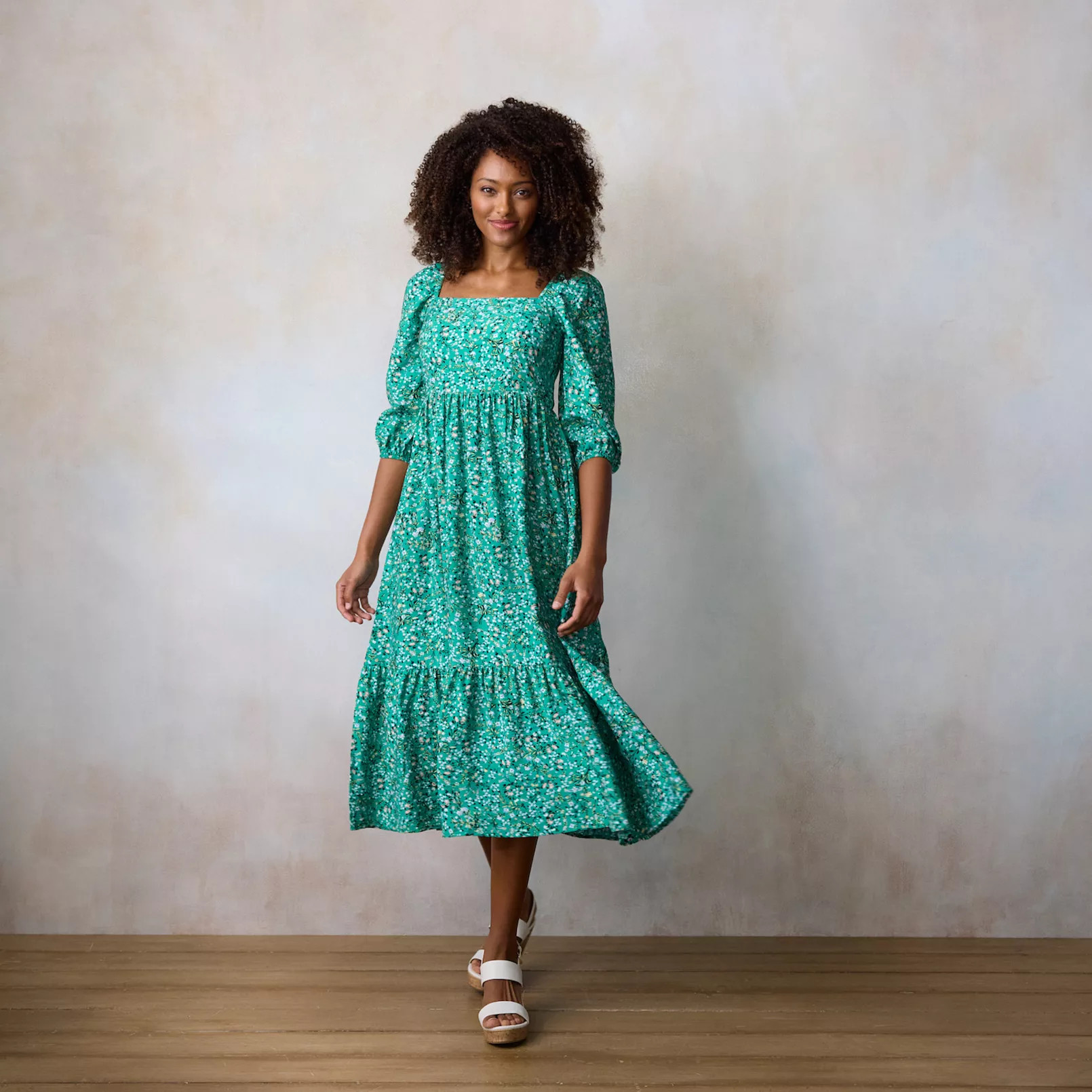 Women's LC Lauren Conrad Square Neck Puff 3/4 Sleeve Midi Dress | Kohl's