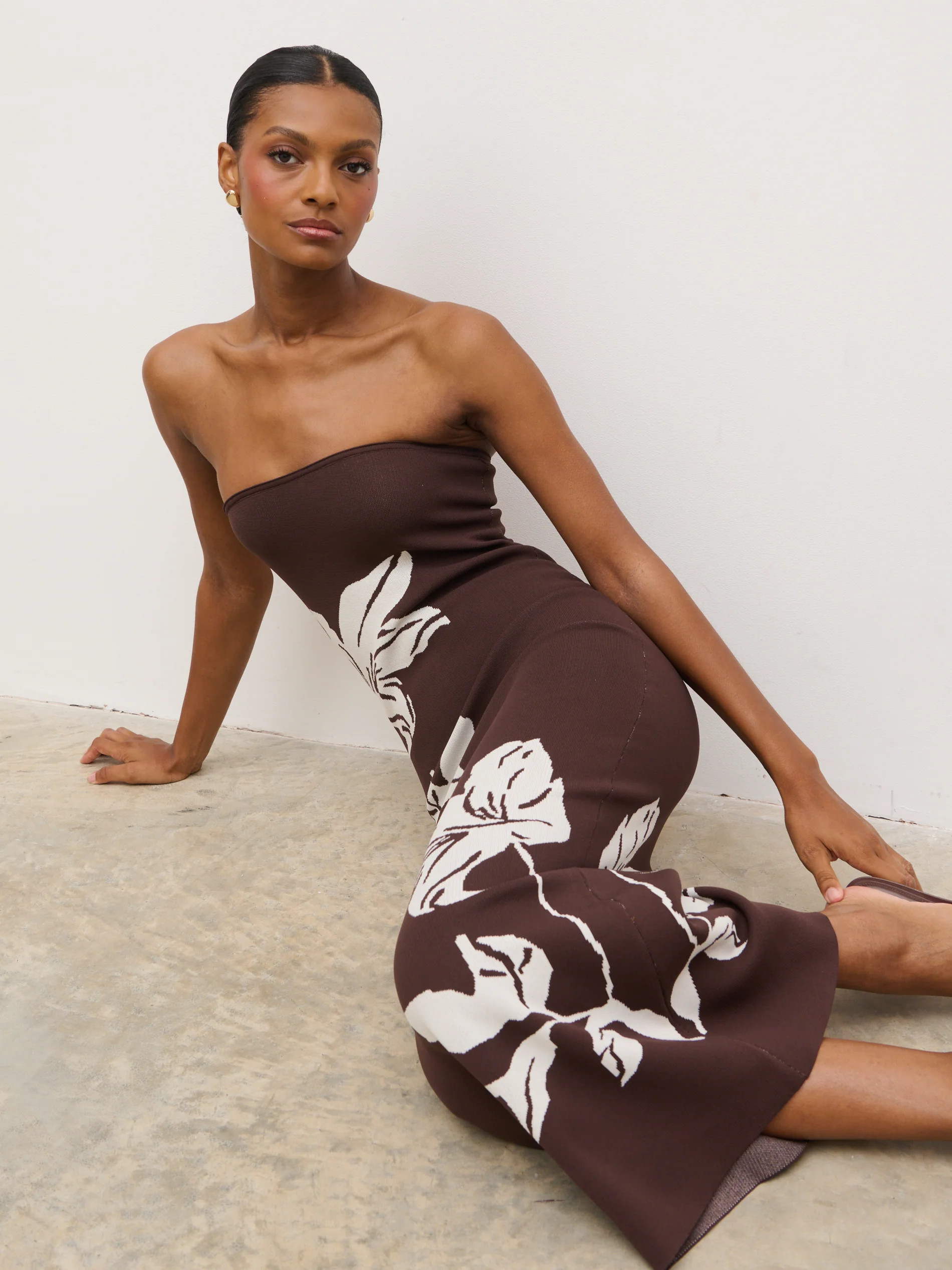 Milena Floral Bandeau Knit Midaxi Dress - Chocolate and Cream | Pretty Lavish (UK)