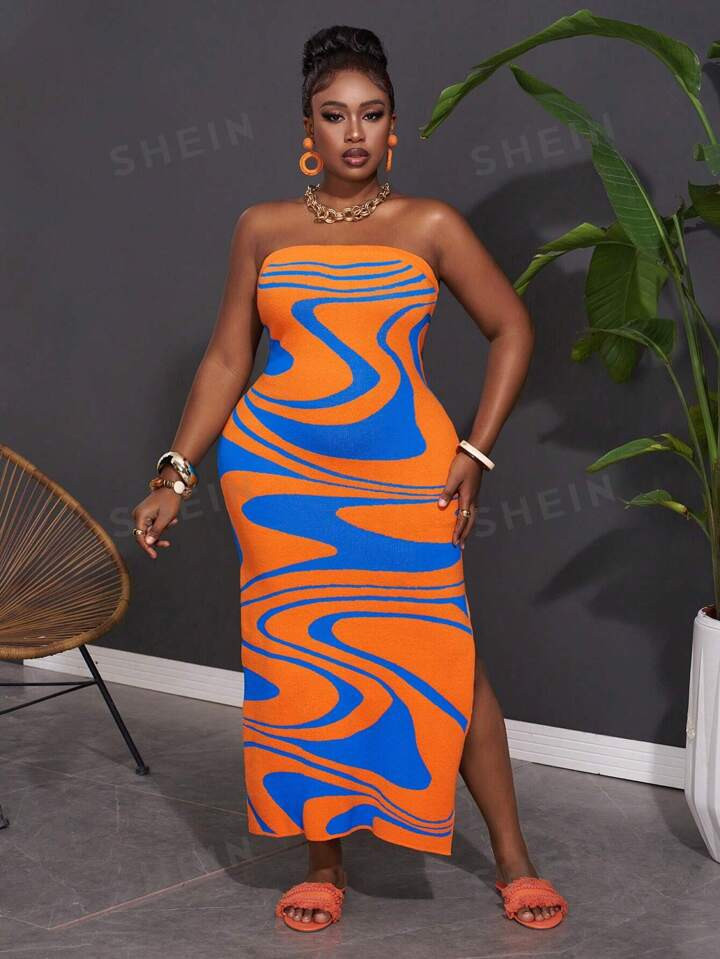SHEIN Slayr Plus Size Color Blocking Split Front Strapless Sweater Maxi Dress For Vacation | SHEIN