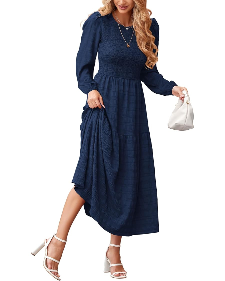 dowerme Women's Dresses 2024 Fall Puff Long Sleeve Crewneck Smocked Tiered Flowy A-Line Boho Wedd... | Amazon (US)