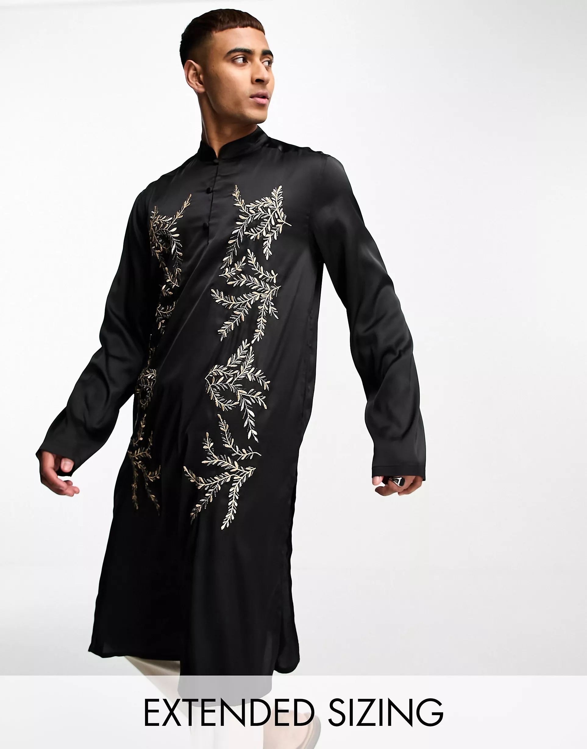 ASOS DESIGN Kurta longline satin shirt with metallic floral embroidery in black | ASOS (Global)