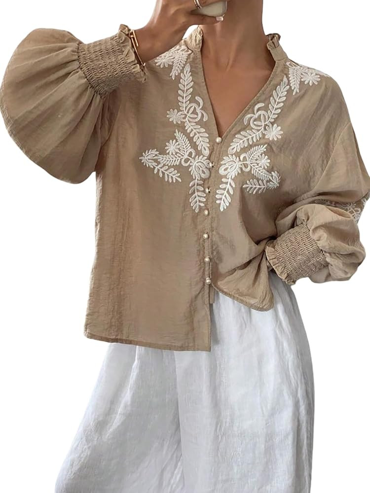 Women's Embroidered Puff Sleeve Blouse, Vintage Floral Boho V-Neck Button Down Shirts with Smocke... | Amazon (US)