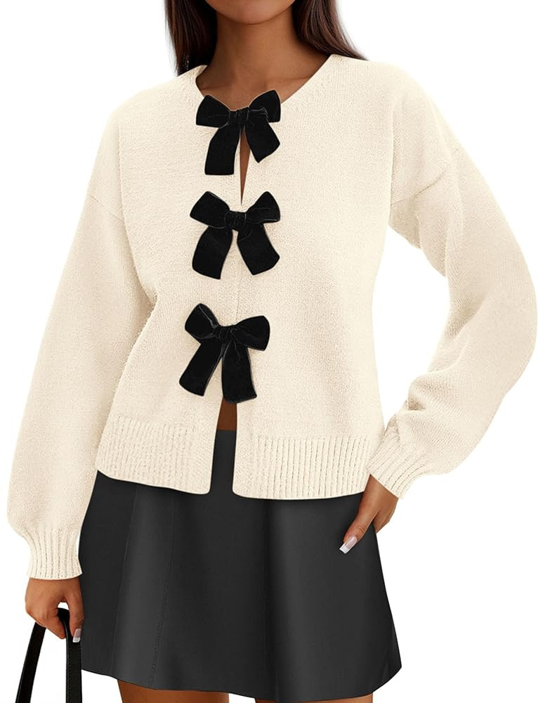 PRETTYGARDEN Cardigan Sweaters for Women Fall Fashion 2025 Bow Tie Front Long Sleeve Knit Sweater... | Amazon (US)