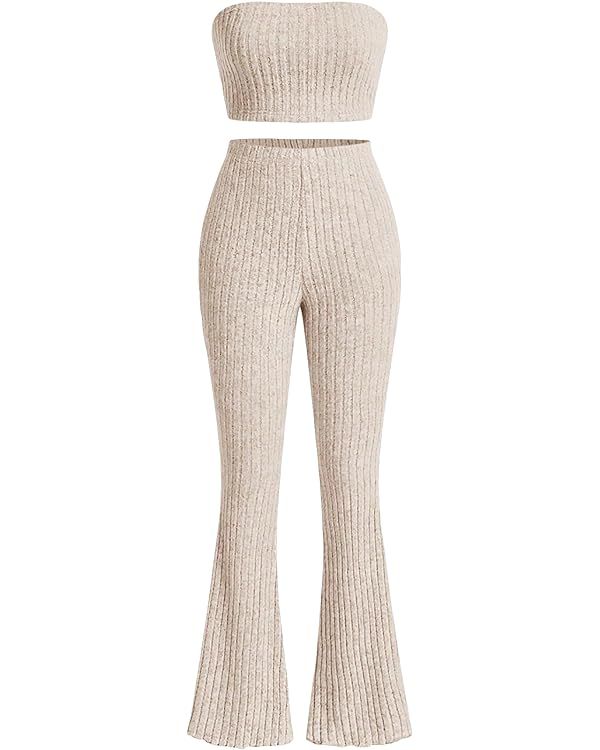 Verdusa Women's 2 Piece Ribbed Knit Sleeveless Crop Tube Top and Flare Leg Pants Set | Amazon (US)