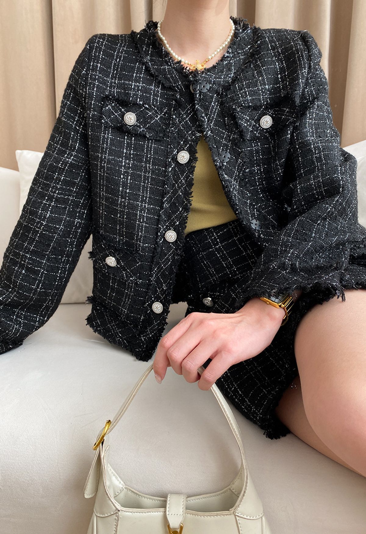 Nobby Collarless Grid Tweed Jacket in Black | Chicwish
