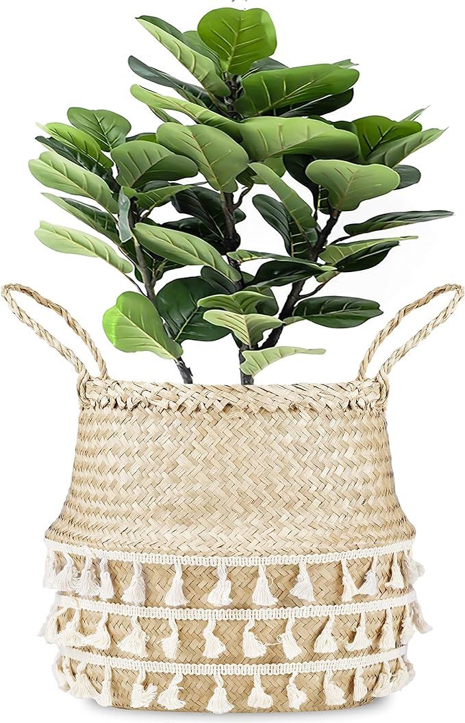 La Maia Medium Natural Net Woven Seagrass Belly Plant Basket with Handles, Woven Planter Basket f... | Amazon (US)