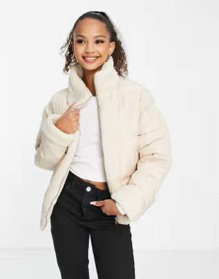 Wednesday's Girl boxy high neck puffer jacket in cream with contrast sherpa panels | ASOS (Global)
