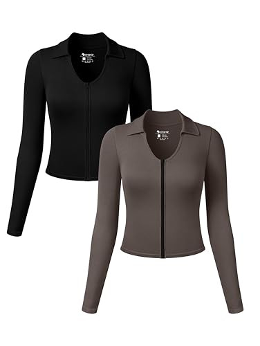 OQQ Womens 2 Piece Long Sleeve Shirts Zipper Fashion Sexy Basic Tops Fitted Tee Shirts Black Tea Leaf | Amazon (US)