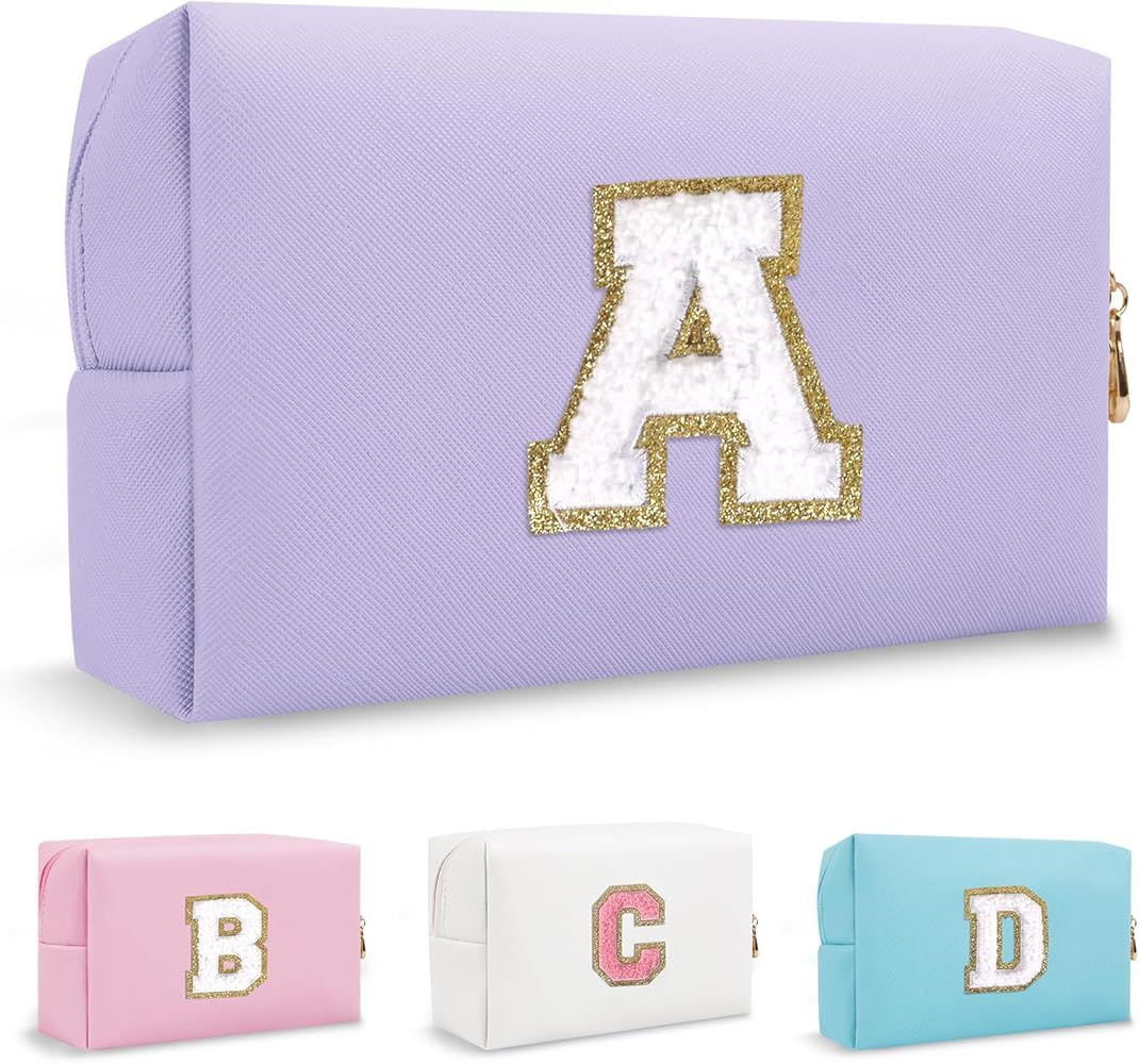 Personalized Initial Preppy Patch Makeup Bag, Small Cute Purple Cosmetic Zipper Pouch Travel Toil... | Amazon (US)