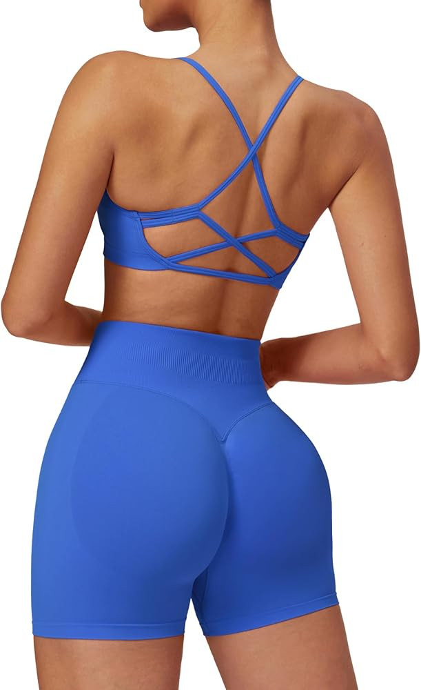 ABOCIW 2 Piece Seamless Workout Sets for Women Scoop Neck Strappy Sports Bra Scrunch Butt Lifting Gym Impact Shorts | Amazon (US)
