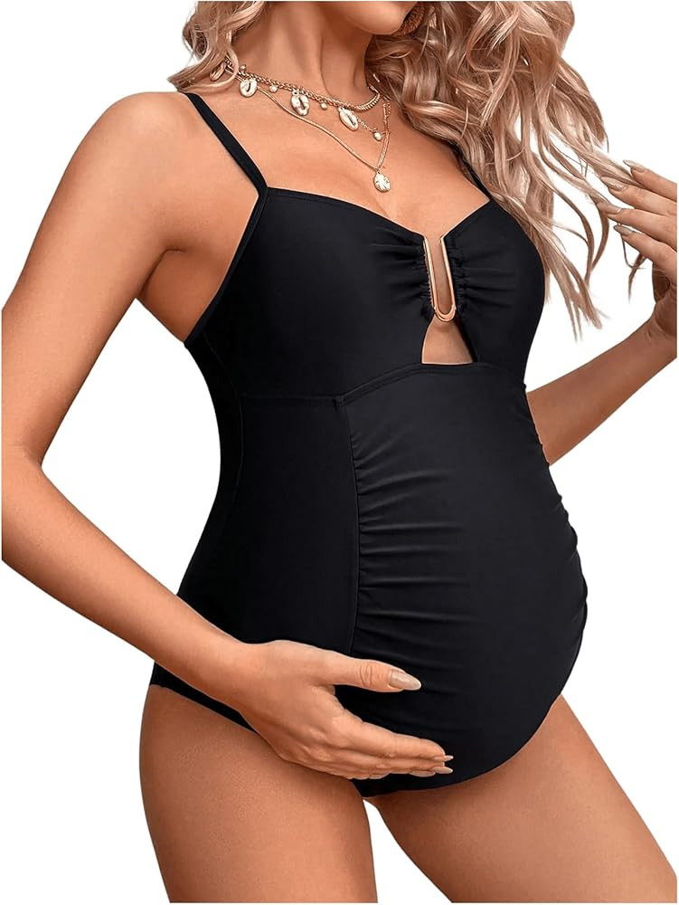 MakeMeChic Women's Maternity One Piece Swimsuit Cut Out Ring Ruched Pregnancy Bathing Suit | Amazon (US)