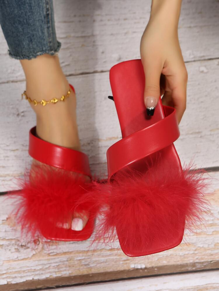 Women Fluffy Flat Sandals, Glamorous Red Slide Sandals For Summer | SHEIN