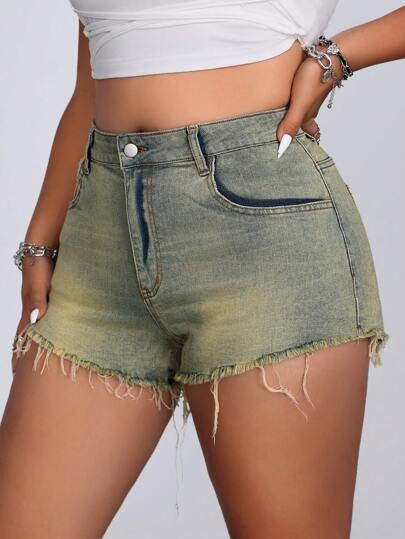 SHEIN Jeanoir Plus Size Simple Fringed Edge Casual Jorts Grunge Shorts | SHEIN