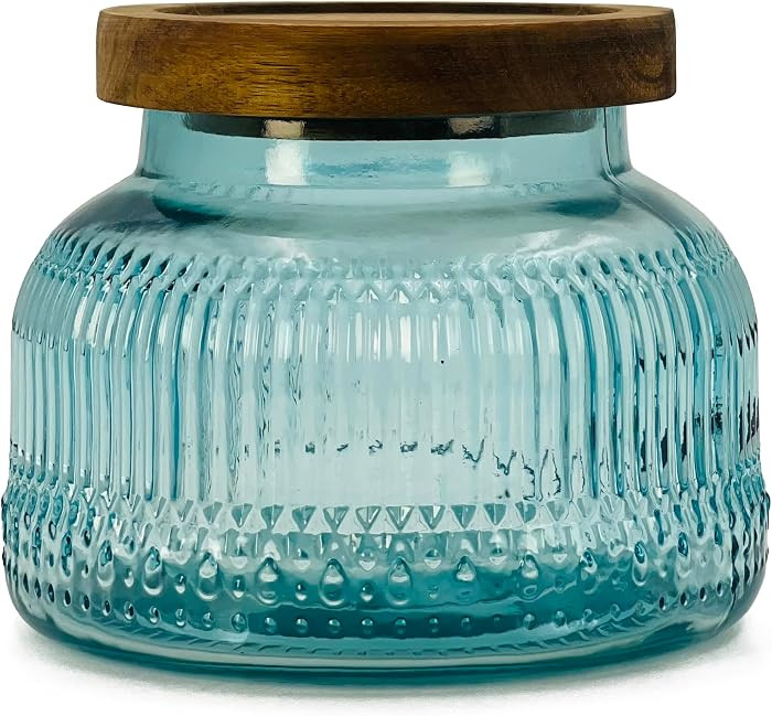Decorative Blue Glass Jar with Airtight Wooden Lid 40 oz, Wide Mouth Vintage Kitchen Food Storage... | Amazon (US)