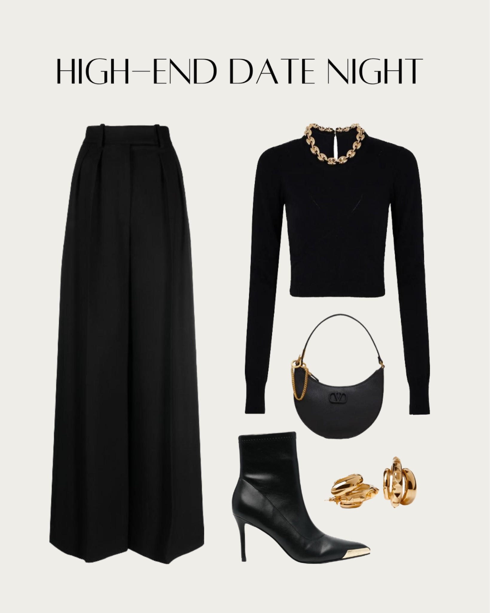 High-end date night outfit inspiration in black: wide box-pleat tailored trousers, chain-link ribbed knitted top, mini VLogo Signature shoulder bag, metallic toe-cap detail boots and hoop earrings.

#LTKeurope #LTKstyletip #LTKitbag