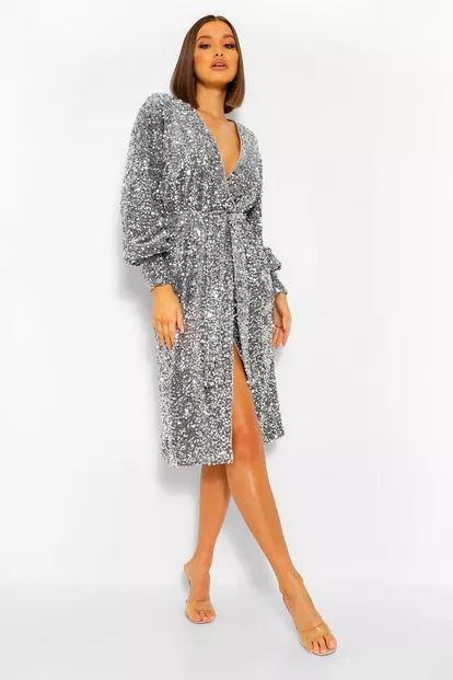 Sequin Long Sleeve Tie Waist Midi Party Dress | Boohoo.com (US & CA)