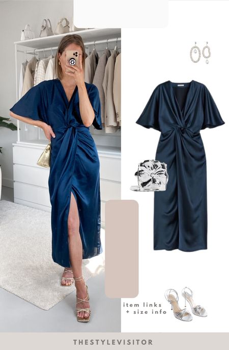 Satin navy midi dress with draped detail and split at the front. It’s an affordable, easy dress you can wear for various formal occasions and works with various body shapes. Wearing xs. Read the size guide/size reviews to pick the right size.

Leave a 🖤 to favorite this post and come back later to shop

#spring dress #summer dress 

#LTKwedding #LTKSeasonal #LTKstyletip
