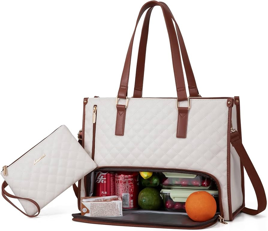 LOVEVOOK Lunch Tote Bag for Women, 15.6 Inch Laptop Bag with Insulated Lunch Compartment, Quilted... | Amazon (US)