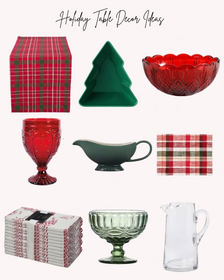 Holiday Table Decor Ideas. Christmas, table settings, table runner, bowls, drinking glasses, gravy boat, placemats, napkins, glass pitcher, fancy dessert bowls, red and green

#LTKhome #LTKSeasonal #LTKHoliday