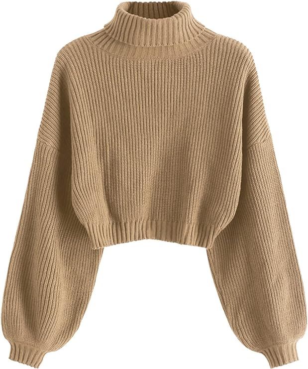 ZAFUL Women's Cropped Turtleneck Sweater Lantern Sleeve Ribbed Knit Pullover Sweater Jumper | Amazon (US)