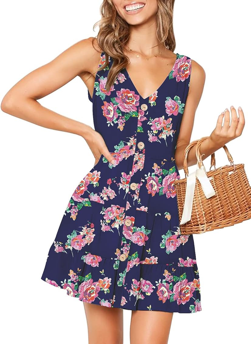 MITILLY Women's Summer Sleeveless V Neck Button Down Casual Pocket Swing Short Dress | Amazon (US)