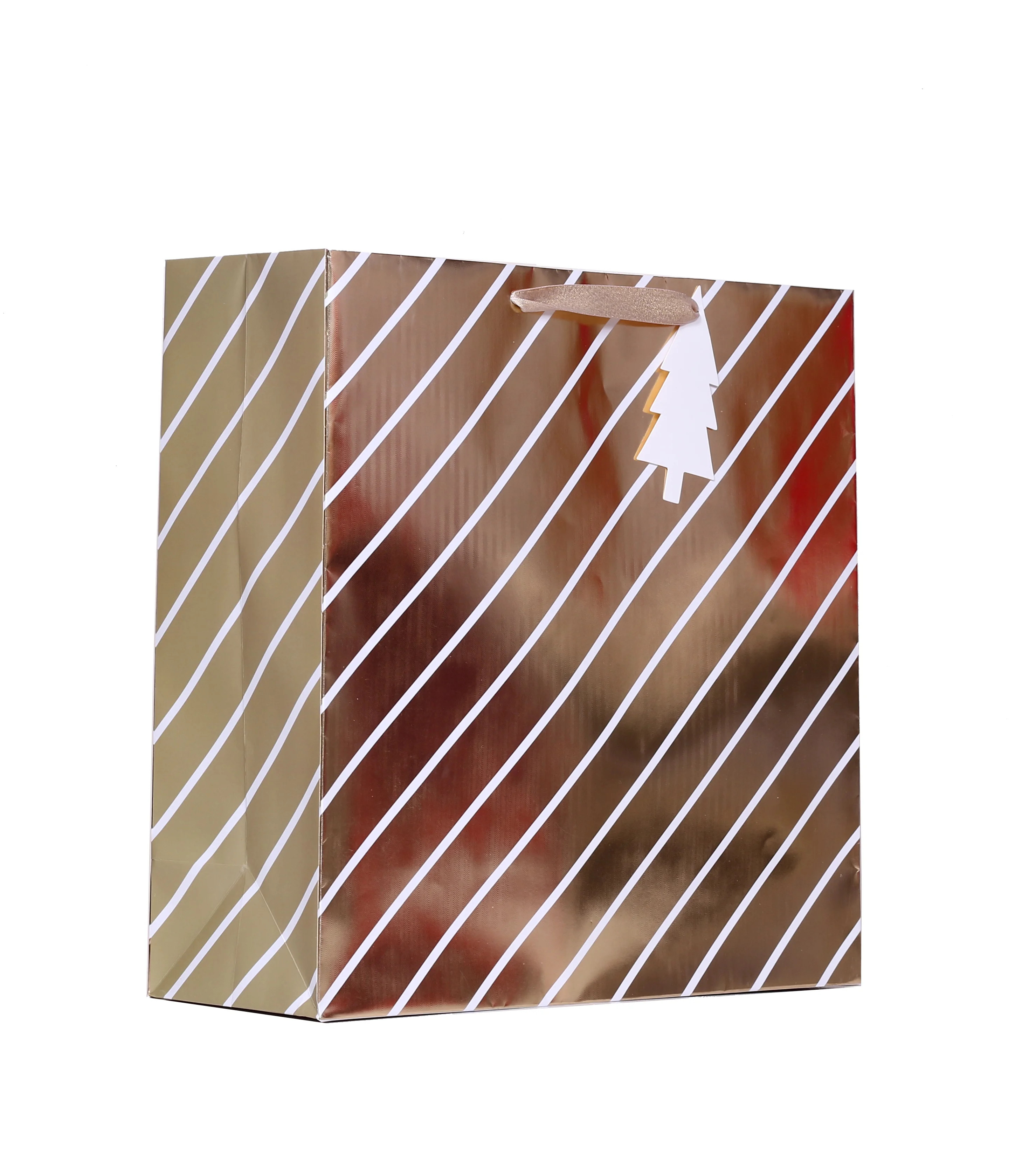 Large Square Gold and White Stripe Christmas Gift Bag (12"x 12") by My Texas House | Walmart (US)