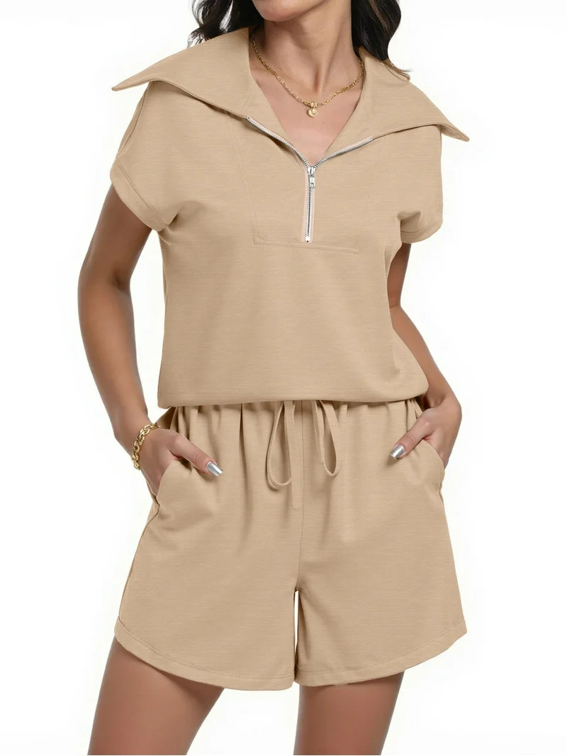 Fantaslook Womens 2 Pieces Outfits Half Zip Lapel Collar Lounge Set Cap Sleeve Summer Sets with P... | Walmart (US)