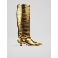 Eden Gold Croc Effect Leather Western Style Knee-High Boots, Gold | L.K. Bennett (UK)