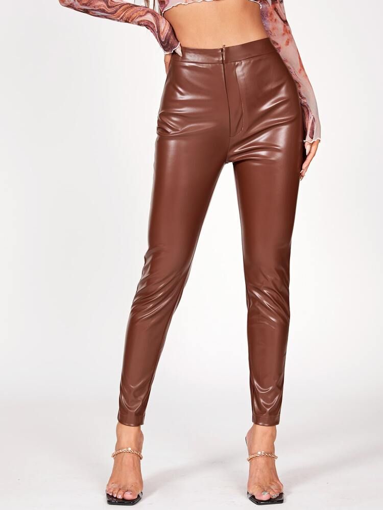 SHEIN PETITE High Waist PU Leather Pants | SHEIN
