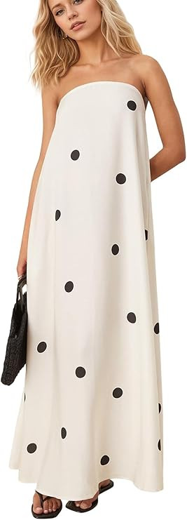 calbatic Women Polka Dot Strapless Maxi Dress Summer Flowy A Line Ruffle Backless Off Shoulder Lo... | Amazon (US)
