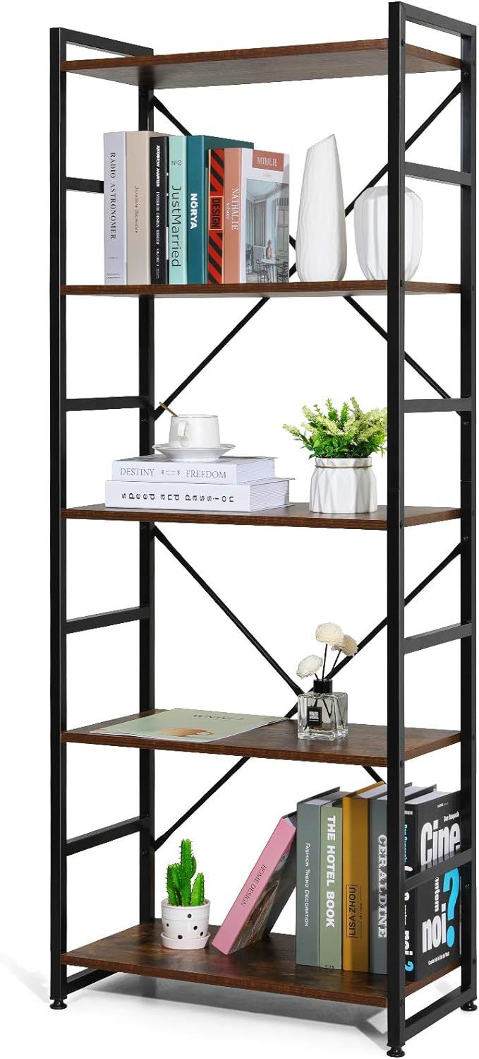 Haton Bookshelf, Wood Bookcase with Metal Frames Industrial Storage Shelf Organizer, Modern Tall ... | Amazon (US)