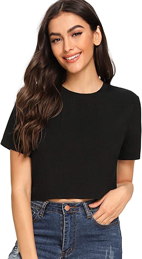 SheIn Women's Basic Plain Round Neck Short Sleeve Crop T-Shirt Top | Amazon (US)