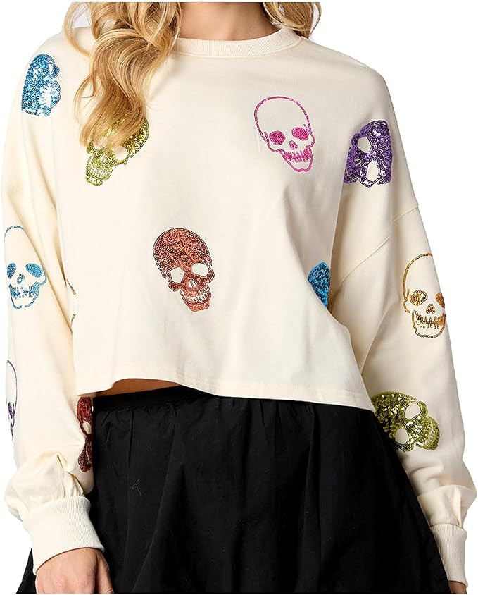 Halloween Women Sequin Sweatshirt Vintage Skeleton Graphic Sweater Tops Crewneck Long Sleeve Y2k ... | Amazon (US)