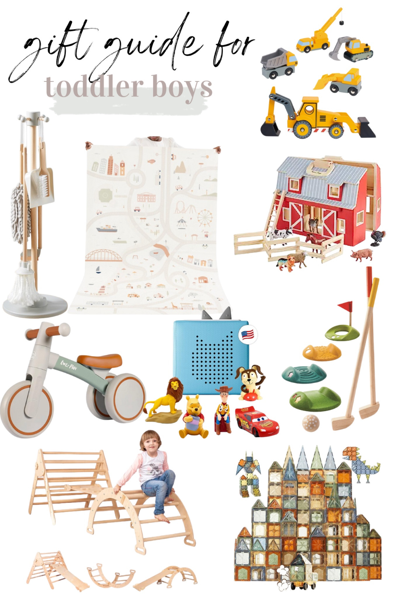 Gift guide for toddler boys, play mat, wooden toys, cleaning, balance bike, Tonies, golf set, magnetites 

#LTKSeasonal #LTKGiftGuide #LTKHoliday